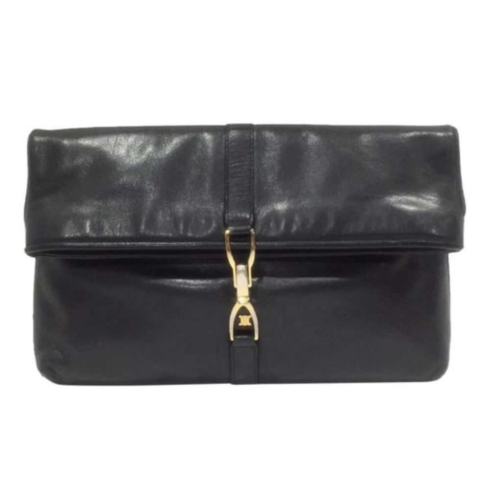 Celine Rare Black Leather Foldover Clutch Two Way Shoulder Bag Vintage